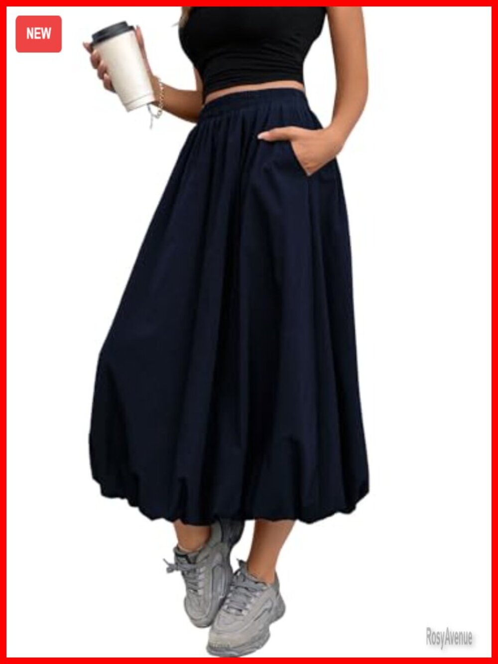 Black Bubble Skirt Elastic Waist Puffy Hem Long Skirt with Pockets